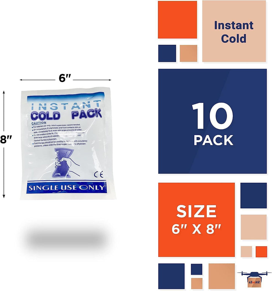 Instant Cold Pack, 6 x 8 Inch. Pack of 10 First Aid Instant Cold Packs for Injuries Disposable. Single Use Instant Ice Pack. Portable First Aid Ice Packs Instant. Instant Cold Compress